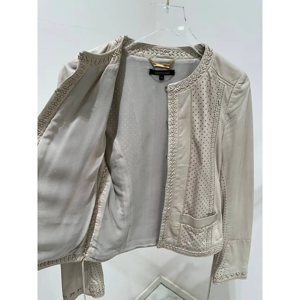 Roberto Cavalli Ivory Leather Cropped Jacket IT 40 Pre-owned White Leather Good - Box View