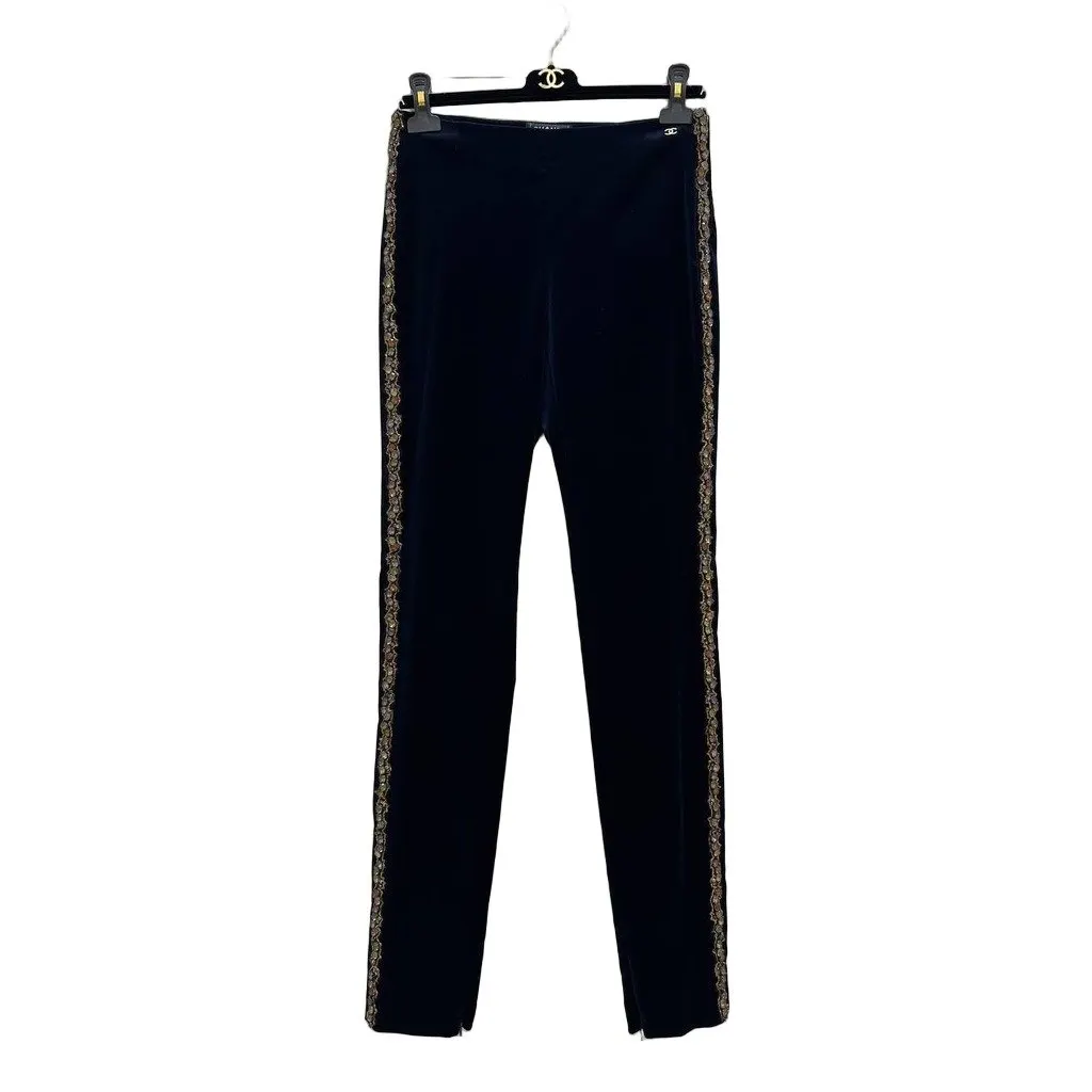 Chanel Vintage Navy Velvet Pants Sz.36 Pre-owned Navy Velvet Good - Front View