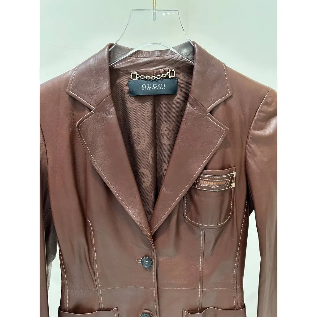 Gucci Brown Leather Blazer Jacket Sz.Xs-S Pre-owned Brown Leather Good - Back View