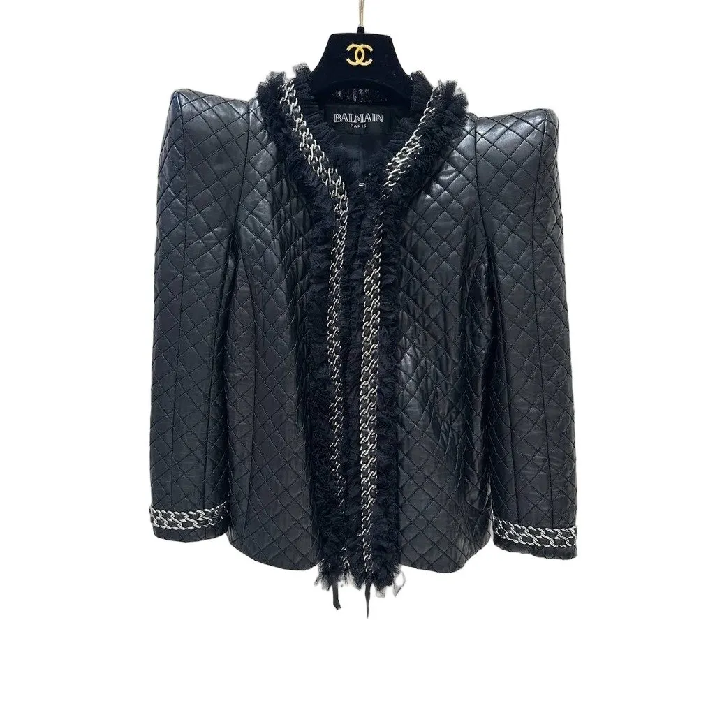 Balmain Paris Quilted Lambskin Leather Jacket - Size 40 Pre-owned