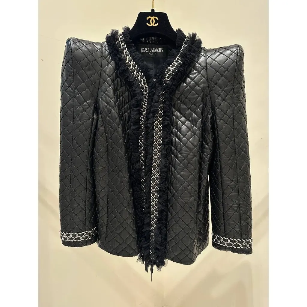 Balmain Paris Quilted Lambskin Leather Jacket - Size 40 Pre-owned Black Leather Good - Back View