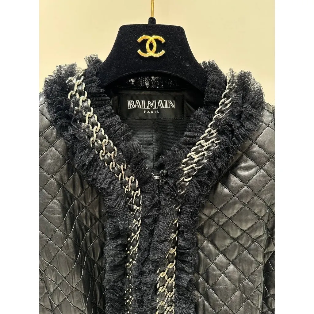 Balmain Paris Quilted Lambskin Leather Jacket - Size 40 Pre-owned Black Leather Good - Inside View