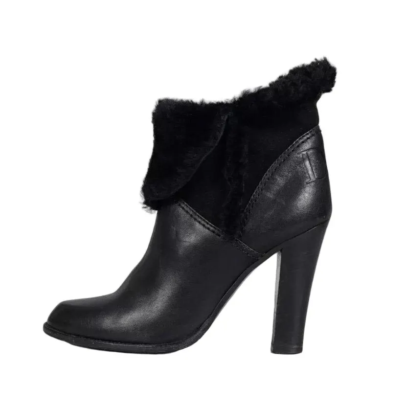 Christian Dior Black Leather Fur Trim Heel Ankle Boots 38.5 Pre-owned