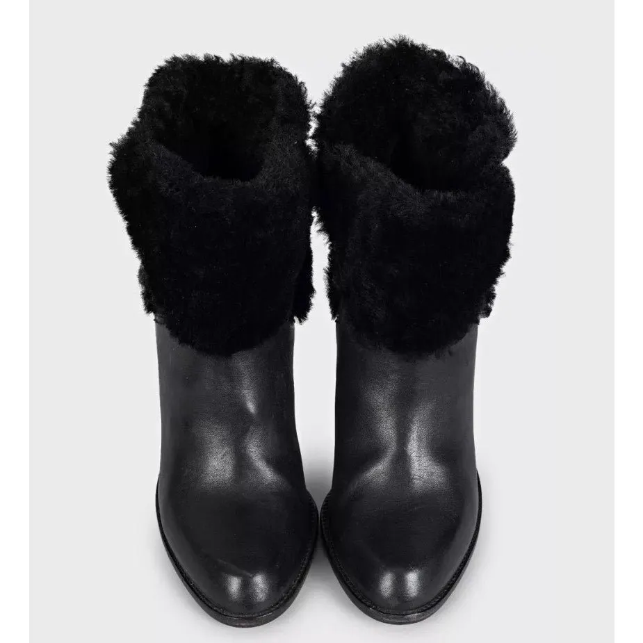 Christian Dior Black Leather Fur Trim Heel Ankle Boots 38.5 Pre-owned Black Leather Good - Back View