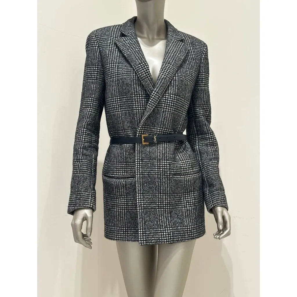 Saint Laurent Paris Plaid Wool Blazer Coat F40 Pre-owned Black Wool Good - Inside View