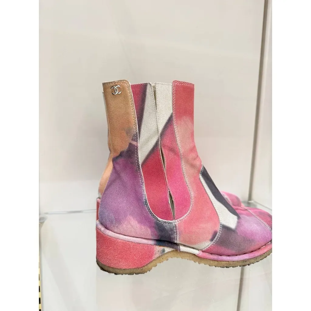 Chanel Multicolor Suede Ankle Boots, Size 38 Pre-owned Beige Suede Good - Back View
