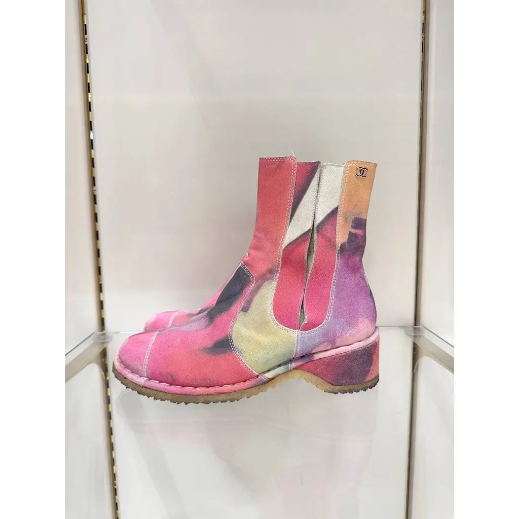 Chanel Multicolor Suede Ankle Boots, Size 38 Pre-owned Beige Suede Good - Model View
