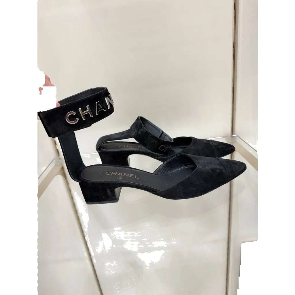 Chanel Black Suede CC Ankle-Strap Pumps Size 41C Pre-owned Black Suede Good - Front View