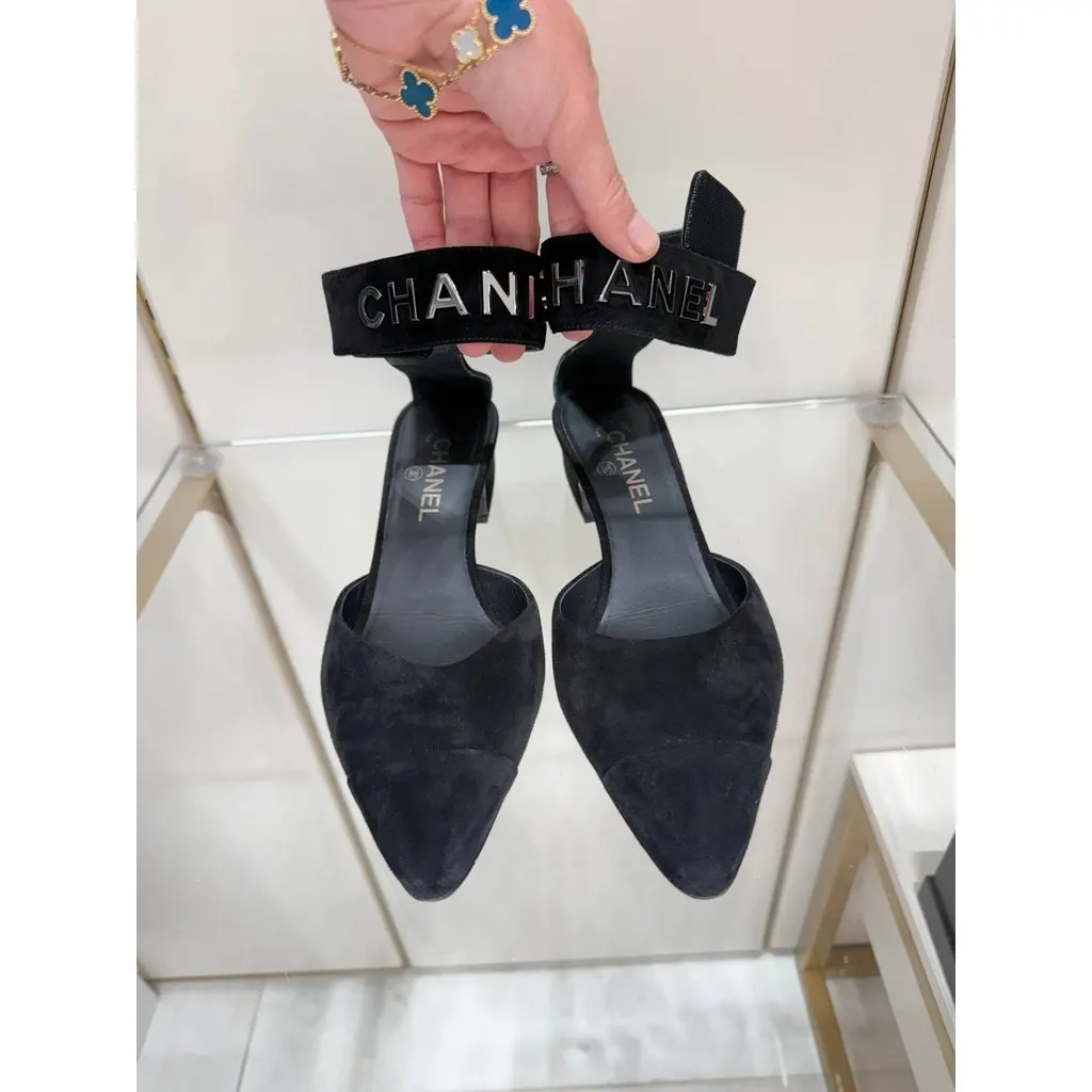 Chanel Black Suede CC Ankle-Strap Pumps Size 41C Pre-owned Black Suede Good - Back View