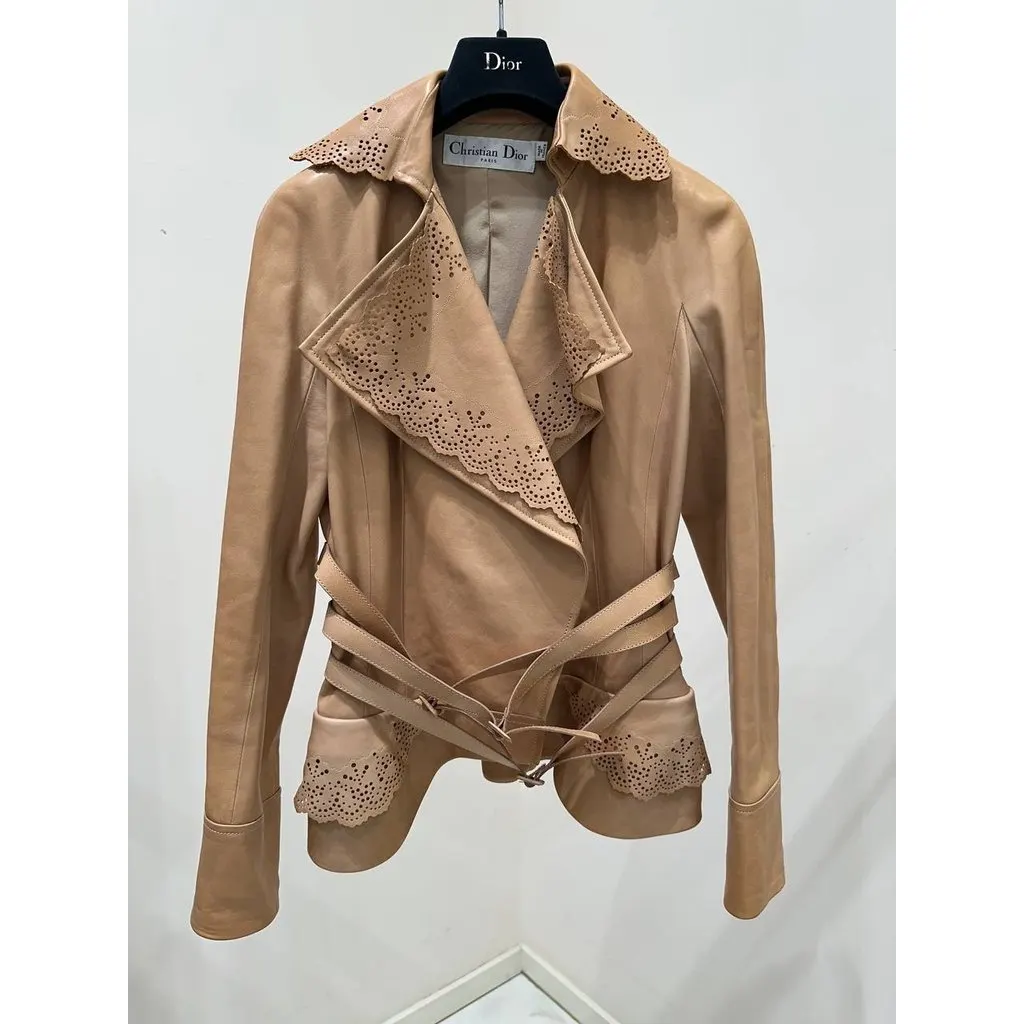 Christian Dior Vintage Beige Perforated Leather Jacket Sz.38 Pre-owned Beige Leather Good - Box View