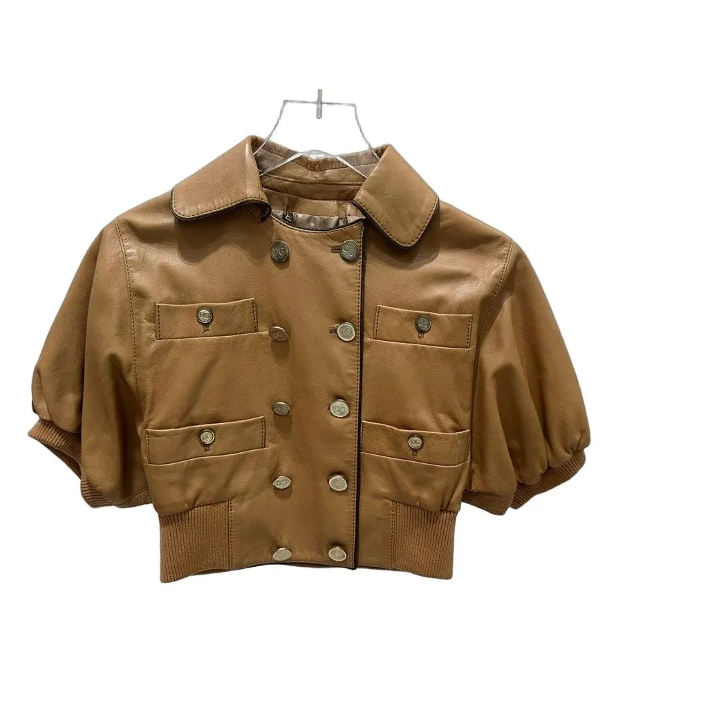 Dolce & Gabbana Vintage Tan Leather Cropped Jacket Sz.40 Pre-owned MultiColor Leather Good - Front View