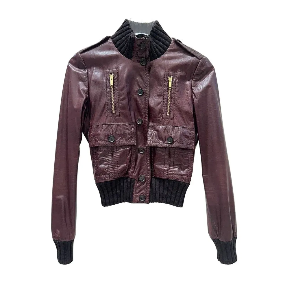Gucci Vintage Tom Ford Era Burgundy Nappa Leather Jacket Sz.38 Pre-owned Burgundy Leather Good - Front View