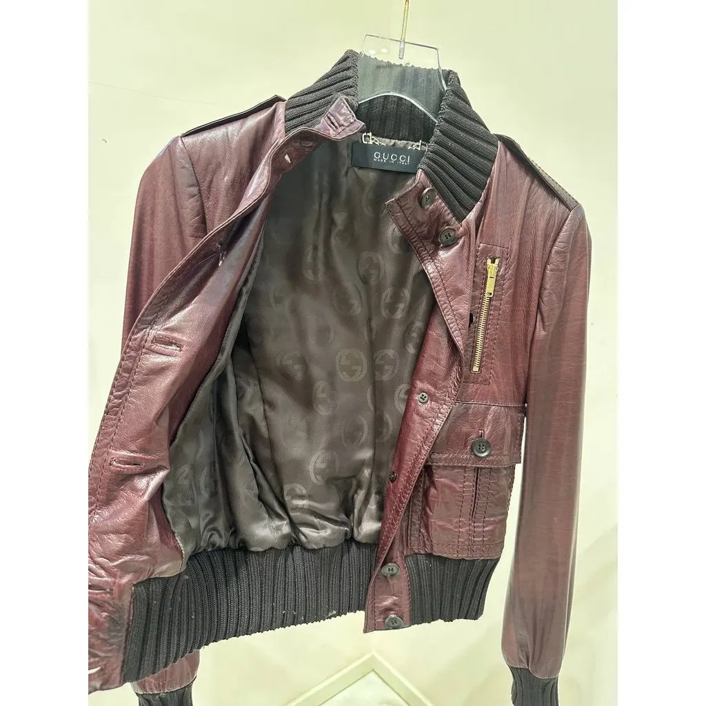 Gucci Vintage Tom Ford Era Burgundy Nappa Leather Jacket Sz.38 Pre-owned Burgundy Leather Good - Box View