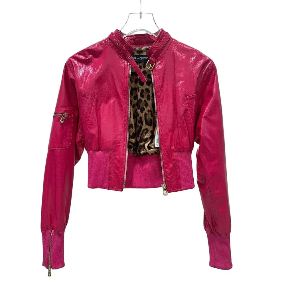 Dolce & Gabbana Fuchsia Cropped Leather Bomber Sz.40 Pre-owned Red Leather Good - Front View