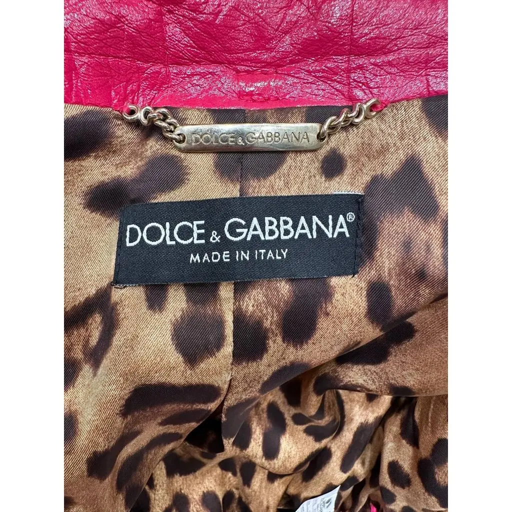 Dolce & Gabbana Fuchsia Cropped Leather Bomber Sz.40 Pre-owned Red Leather Good - Model View