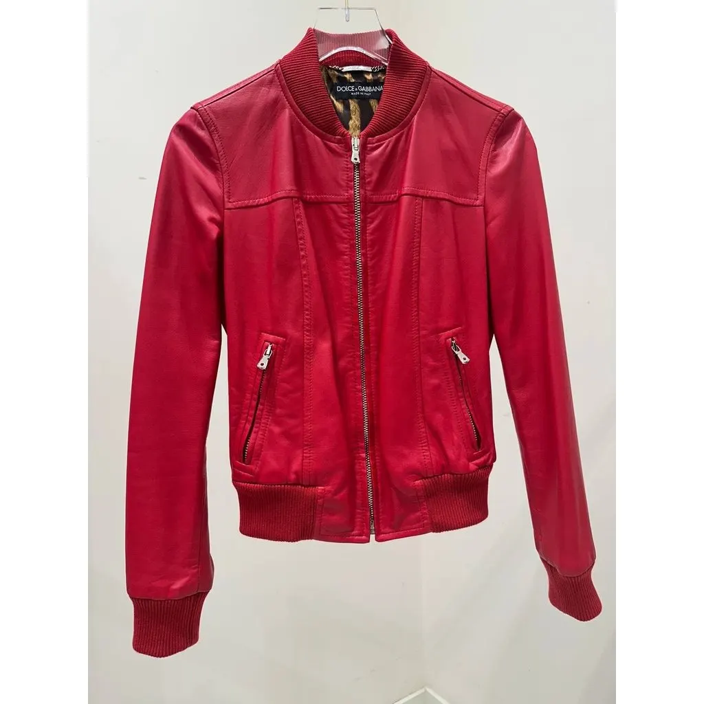 Dolce & Gabbana Red Lambskin Bomber Jacket, IT 40 Pre-owned Red Leather Good - Box View
