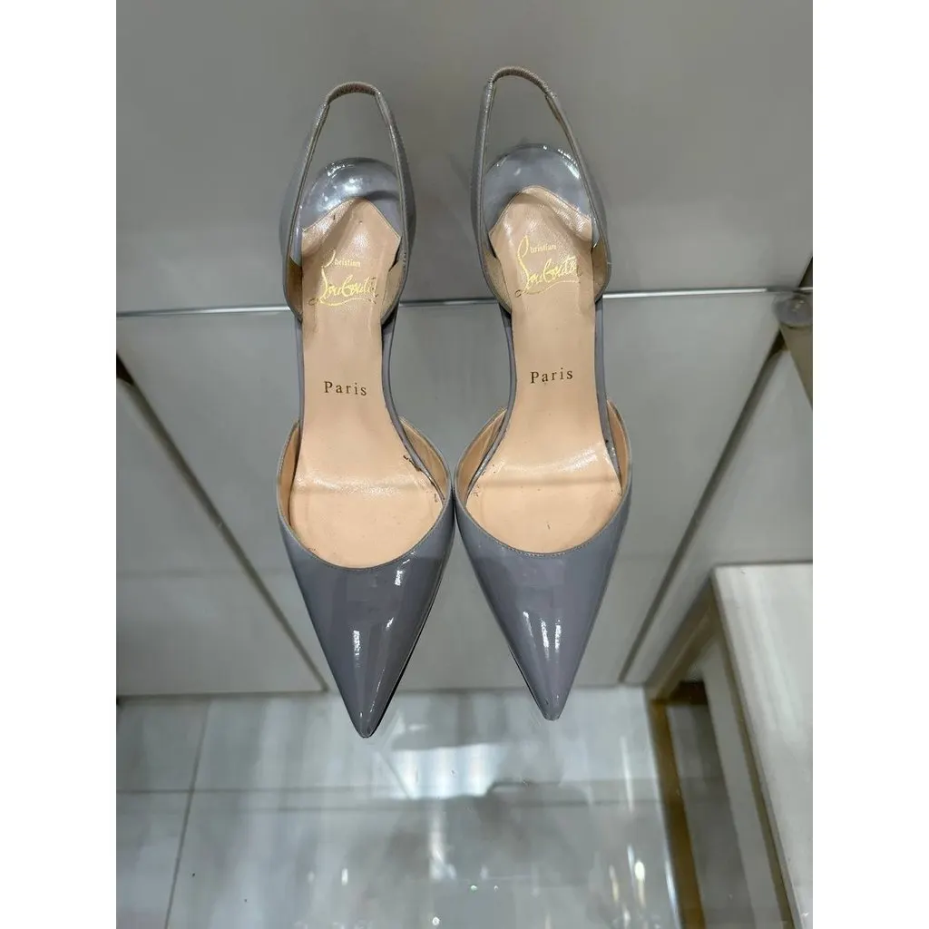 Christian Louboutin Grey Patent Leather Slingback Pumps Sz.37.5 Pre-owned Grey Leather Good - Model View