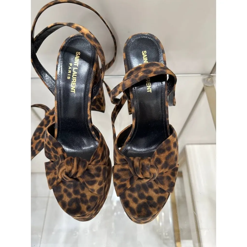 Saint Laurent Bianca Leopard Suede Platform Heels Sz.38 pre-owned Red Suede Good - Back View