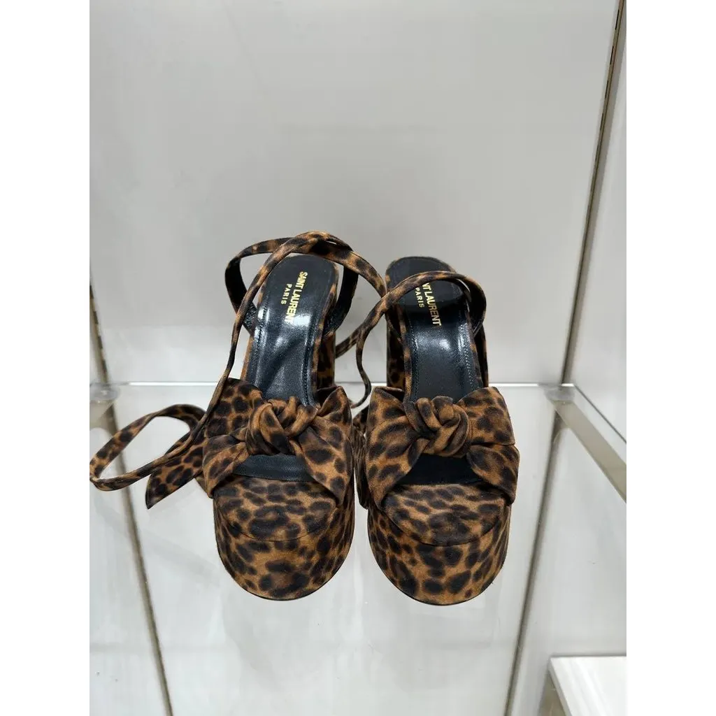 Saint Laurent Bianca Leopard Suede Platform Heels Sz.38 pre-owned Red Suede Good - Inside View
