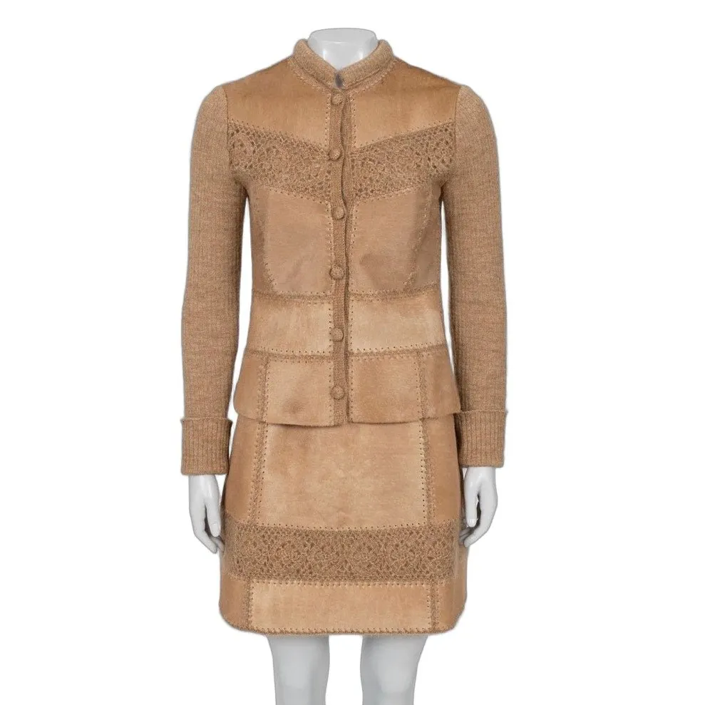 Escada Vintage Brown Suit Skirt Jacket Leather Trim S EU 36 Pre-owned Brown Leather Good - Front View