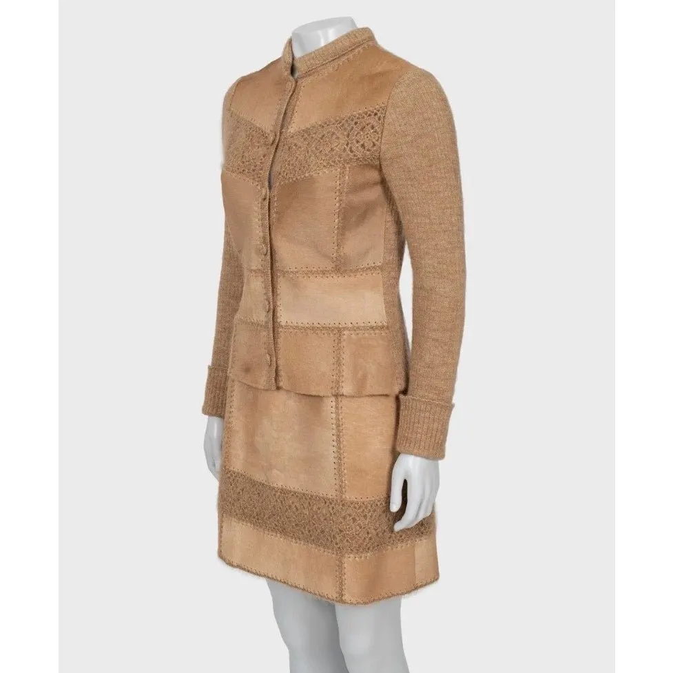 Escada Vintage Brown Suit Skirt Jacket Leather Trim S EU 36 Pre-owned Brown Leather Good - Back View