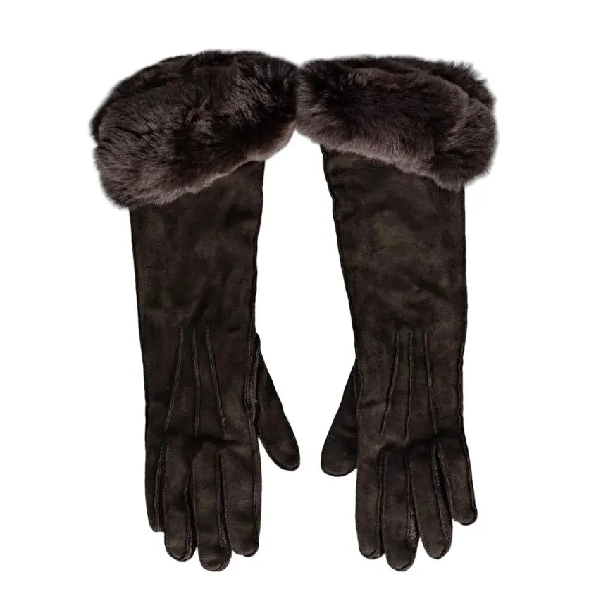 Loro Piana Brown Leather Suede Chinchilla Fur Gloves Sz.S Pre-owned Brown Leather Good - Front View