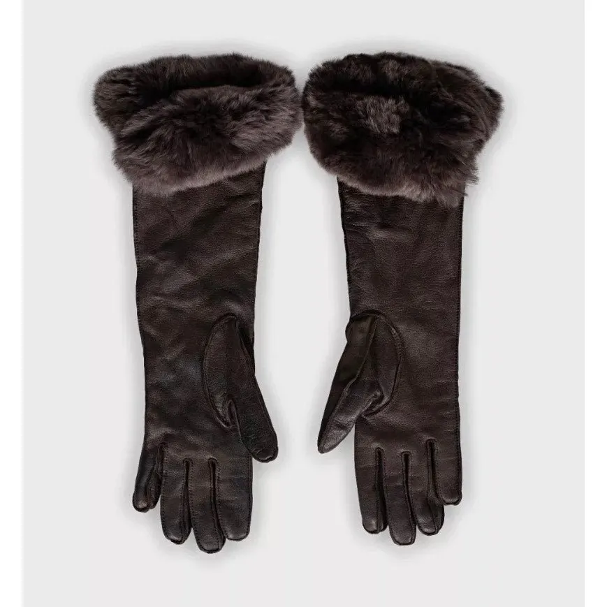 Loro Piana Brown Leather Suede Chinchilla Fur Gloves Sz.S Pre-owned Brown Leather Good - Back View