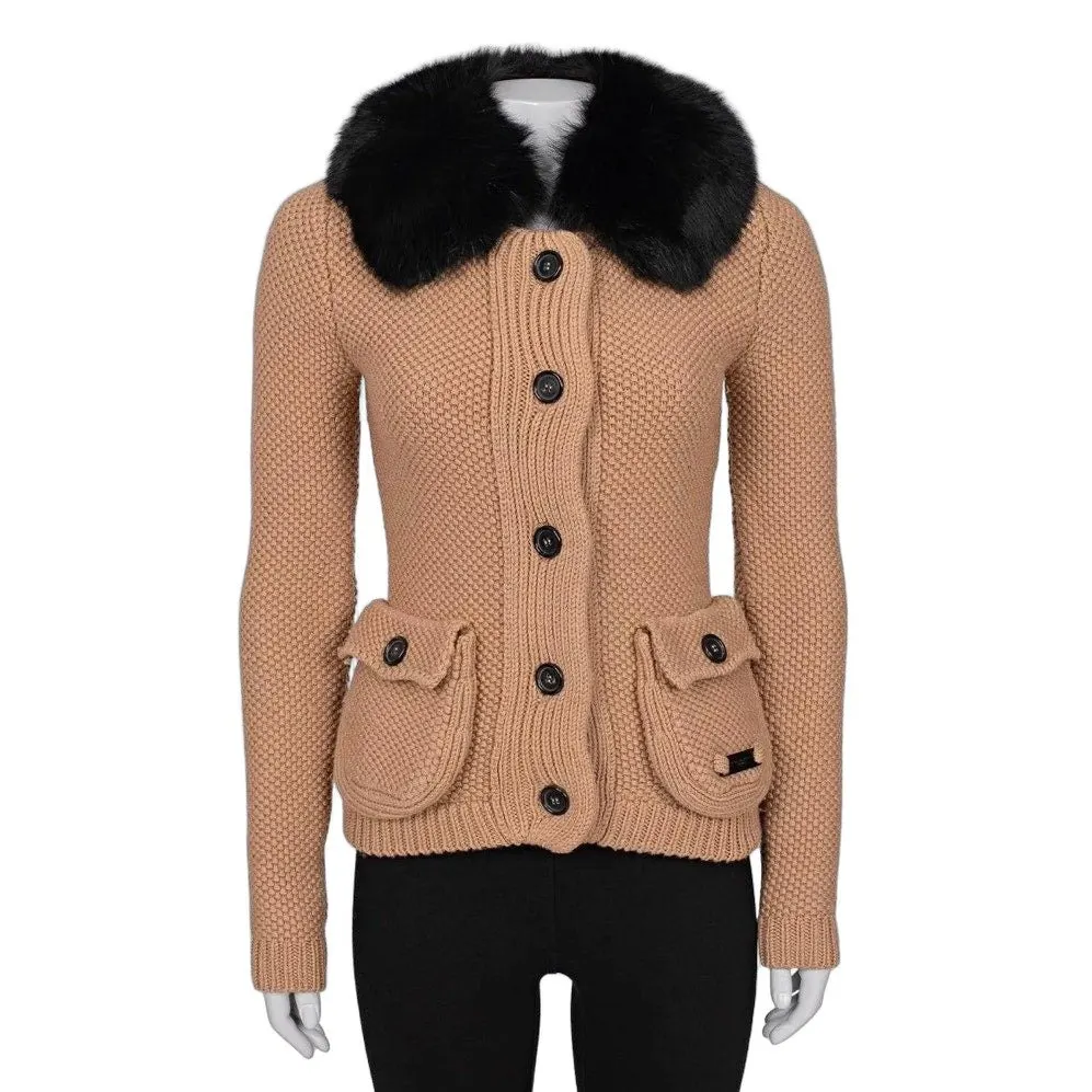 Burberry Brown Wool Cardigan with Detachable Fox Fur Sz.XS Pre-owned Brown Wool Good - Front View