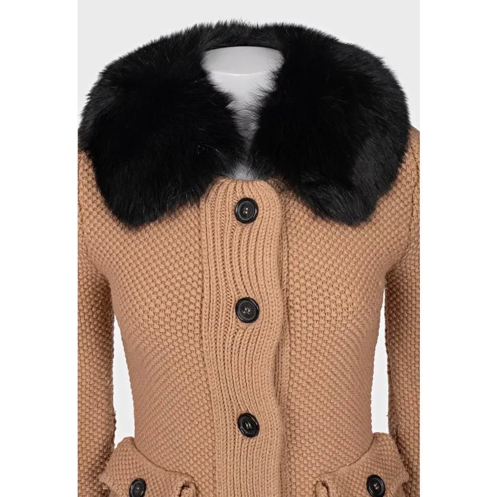 Burberry Brown Wool Cardigan with Detachable Fox Fur Sz.XS Pre-owned Brown Wool Good - Model View