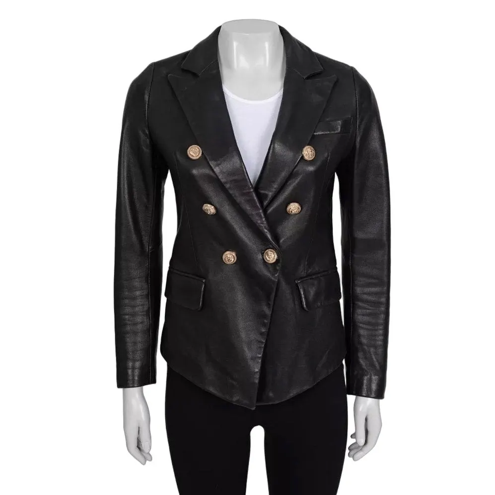 Balmain Black Leather Double-Breasted Jacket Sz.40 Pre-owned Black Leather Good - Front View