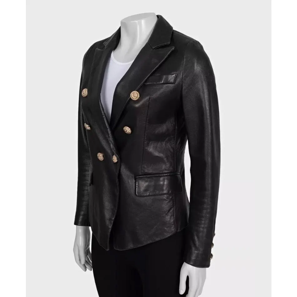 Balmain Black Leather Double-Breasted Jacket Sz.40 Pre-owned Black Leather Good - Back View