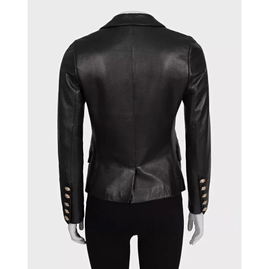 Balmain Black Leather Double-Breasted Jacket Sz.40 Pre-owned Black Leather Good - Inside View