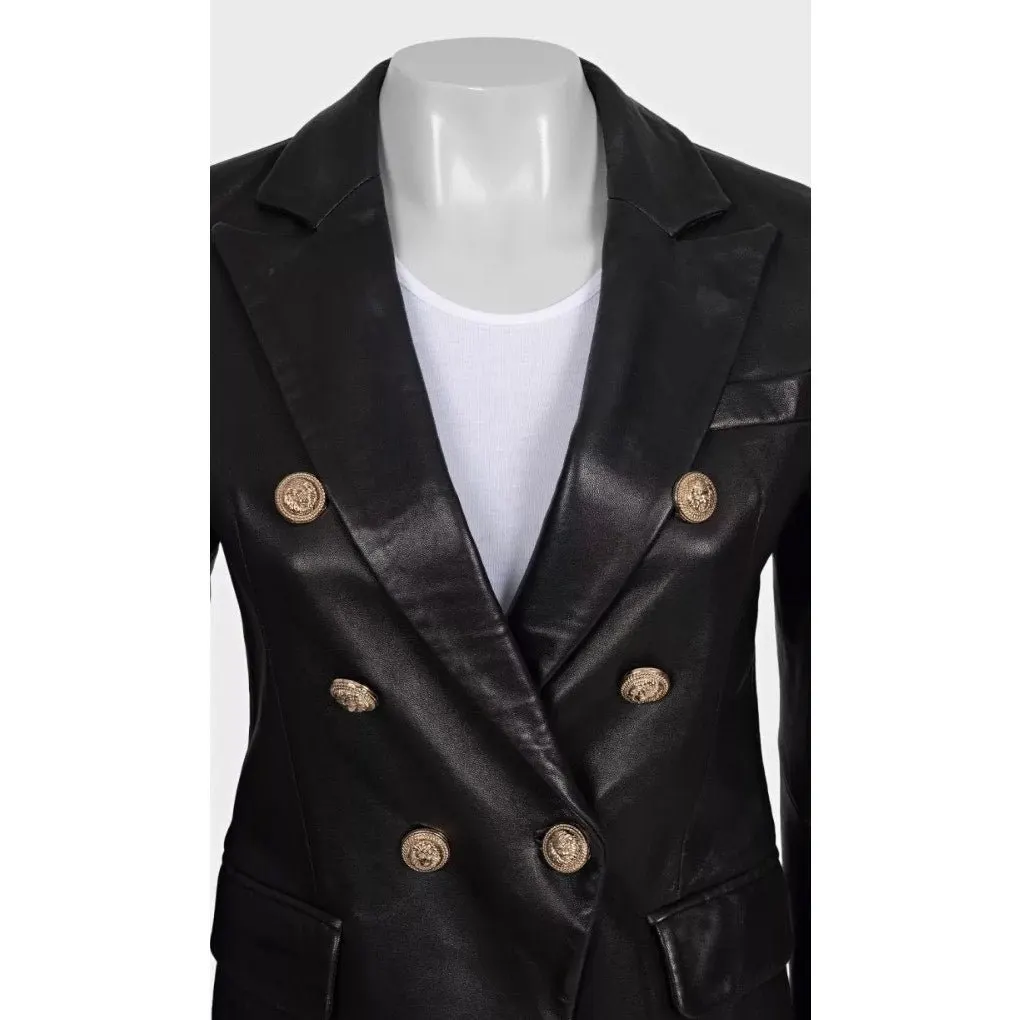 Balmain Black Leather Double-Breasted Jacket Sz.40 Pre-owned Black Leather Good - Model View