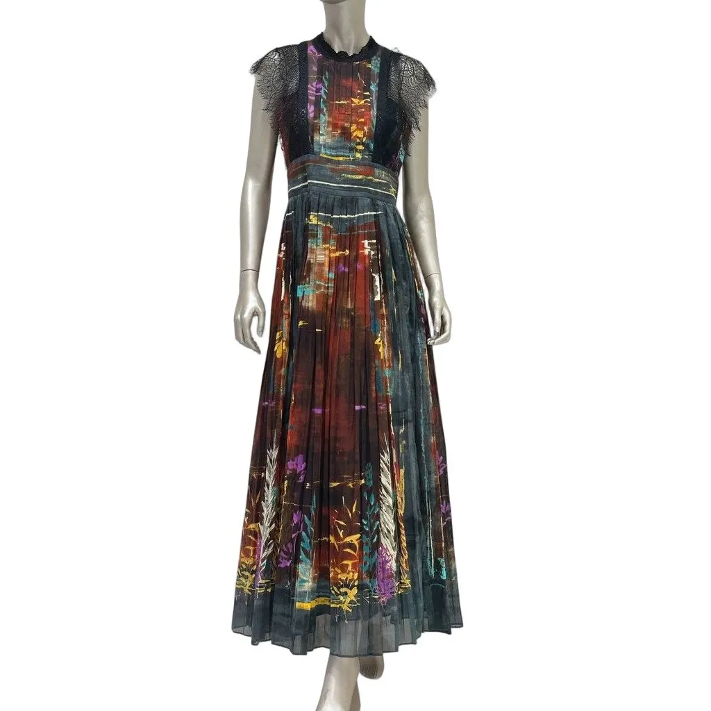 valentino Multicolor Abstract Pleated Maxi Dress - IT 42 Pre-owned Burgundy Cotton Good - Front View