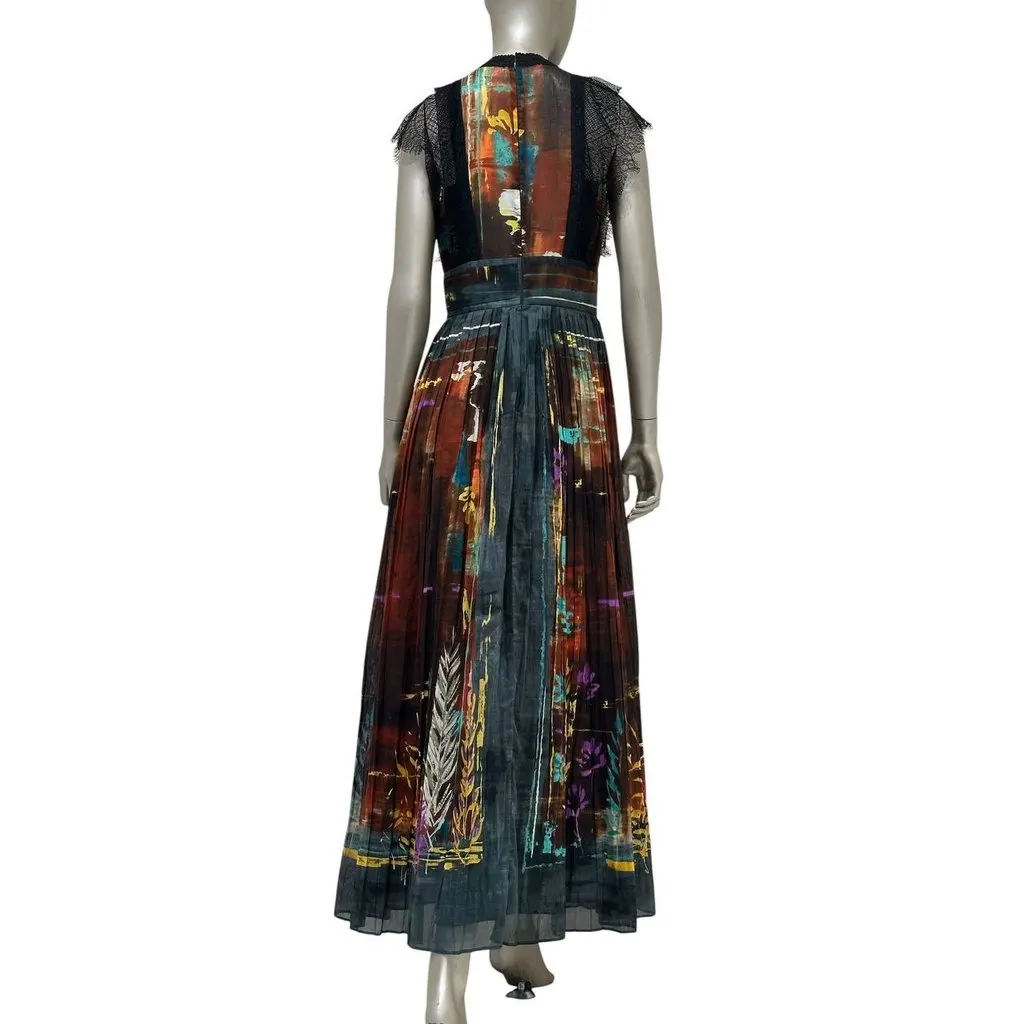 valentino Multicolor Abstract Pleated Maxi Dress - IT 42 Pre-owned Burgundy Cotton Good - Back View