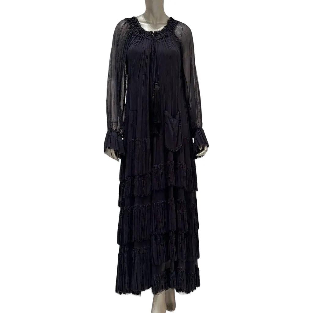 valentino Vintage Black Pleated Tiered Dress Sz.S/M Pre-owned Black Good - Front View