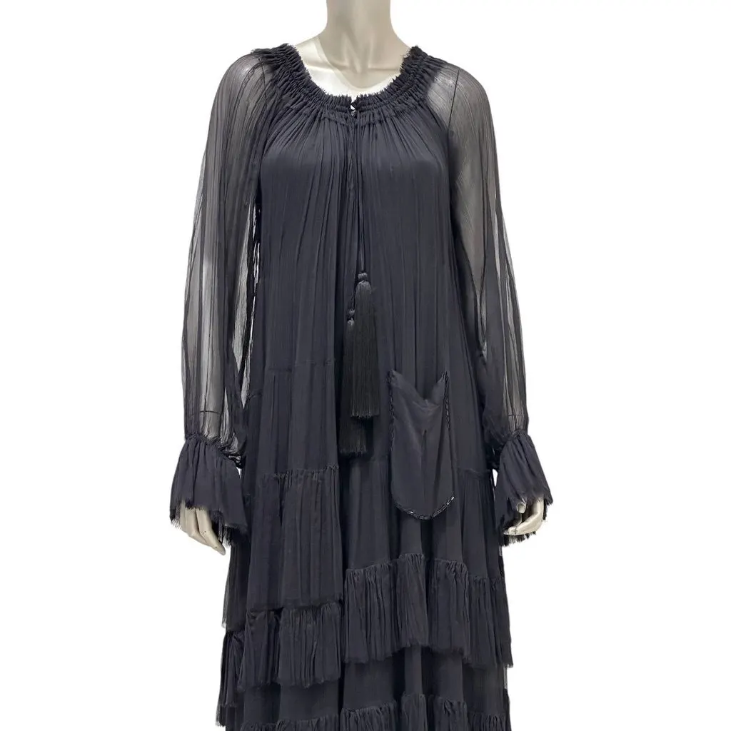 valentino Vintage Black Pleated Tiered Dress Sz.S/M Pre-owned Black Good - Back View