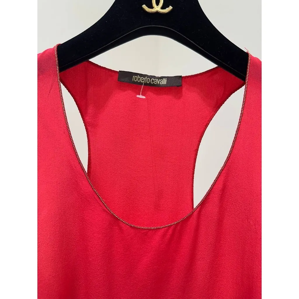 Roberto Cavalli Red Silk Sleeveless Dress, Size 40 pre-owned Red Silk Good - Model View