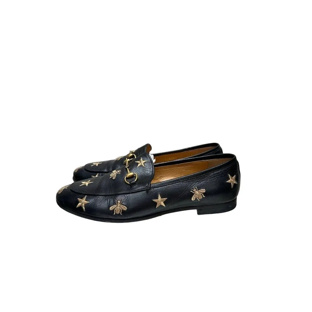 Gucci Jordaan Bee & Star Embroidered Leather Loafers Sz.40 Pre-owned Red Leather Good - Front View