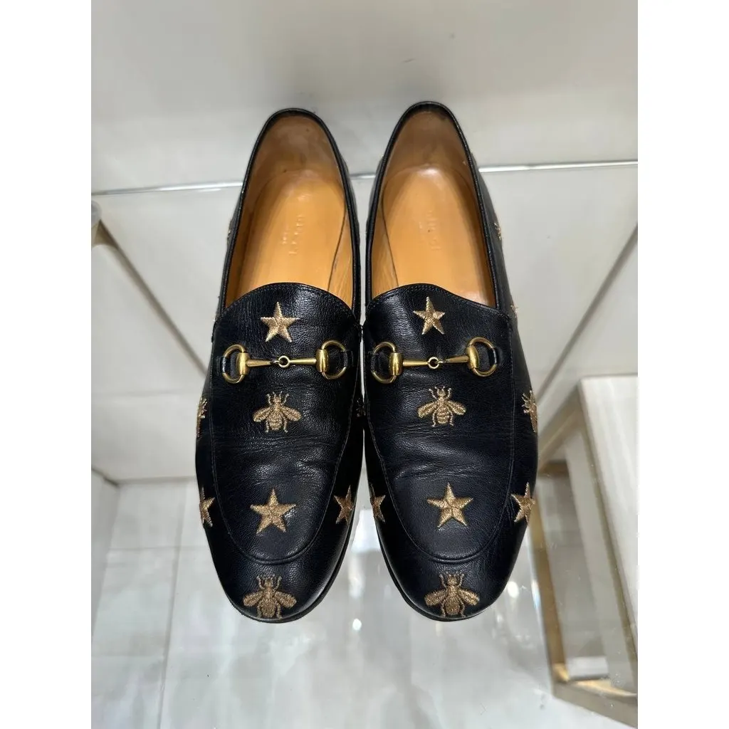 Gucci Jordaan Bee & Star Embroidered Leather Loafers Sz.40 Pre-owned Red Leather Good - Back View