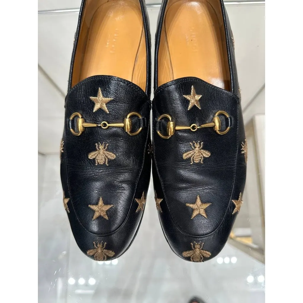 Gucci Jordaan Bee & Star Embroidered Leather Loafers Sz.40 Pre-owned Red Leather Good - Model View