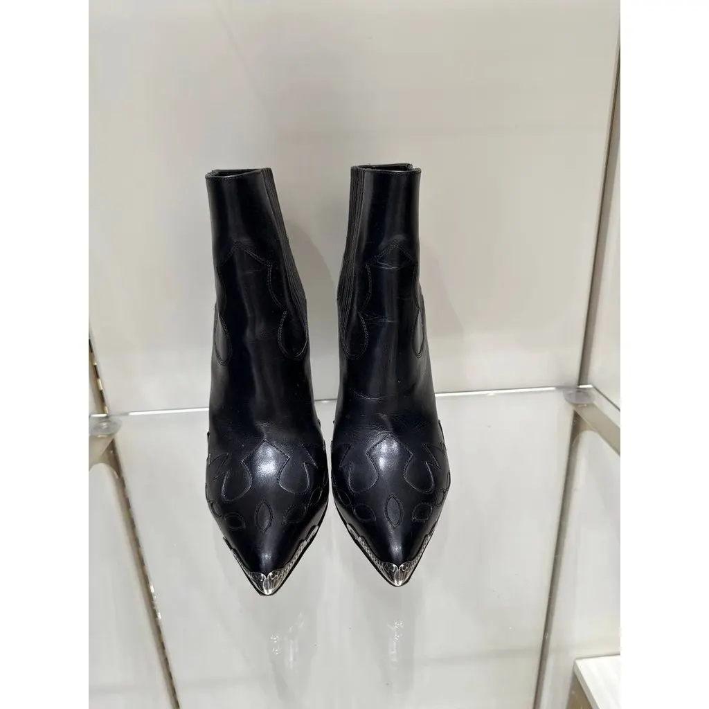 Saint Laurent Paris Saint Laurent Black Leather Peep-Toe Western Ankle Boots Sz.37 Pre-owned Black Leather Good - Back View