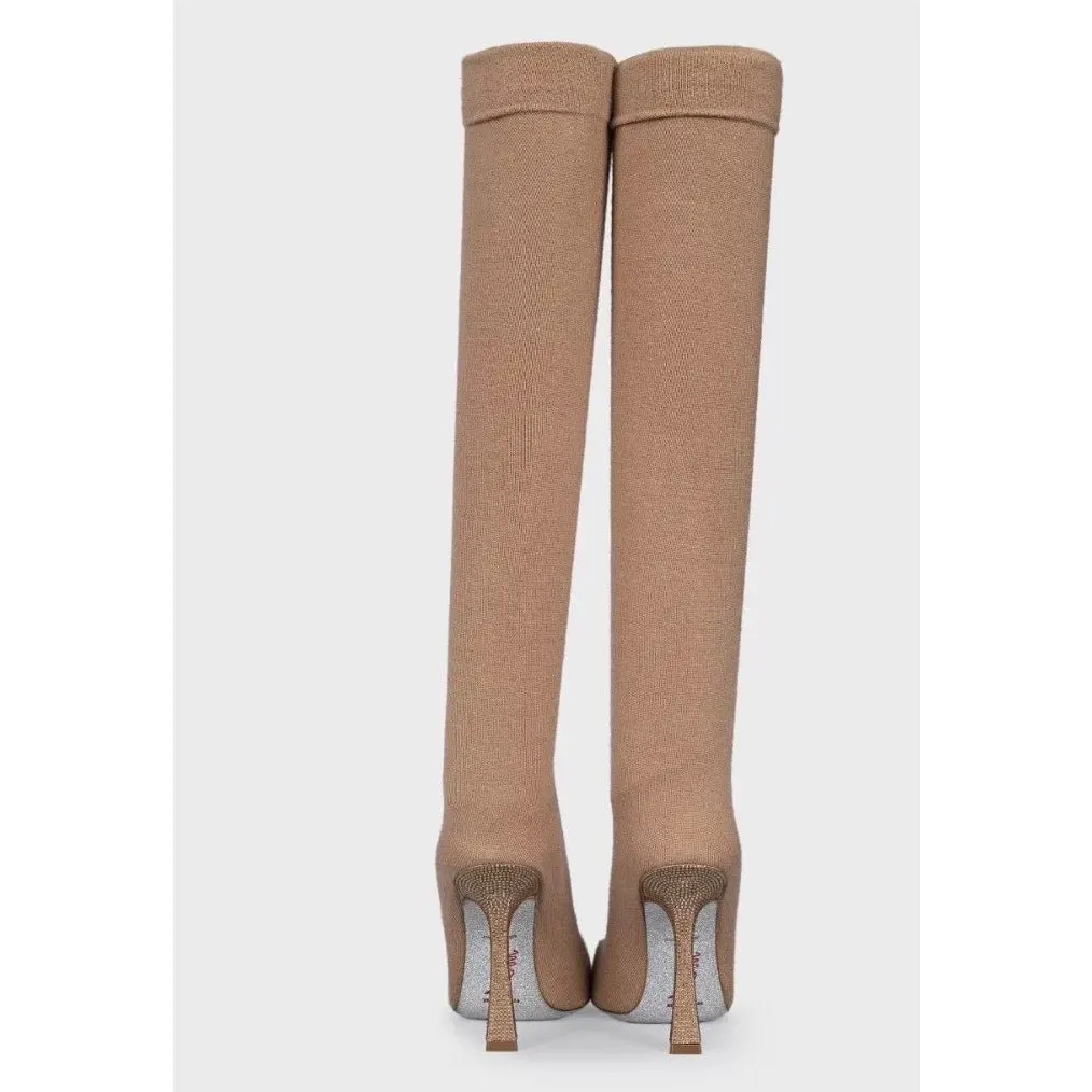 René Caovilla Beige Rhinestone Textile Boots EU 40 Pre-owned Beige Leather Good - Model View