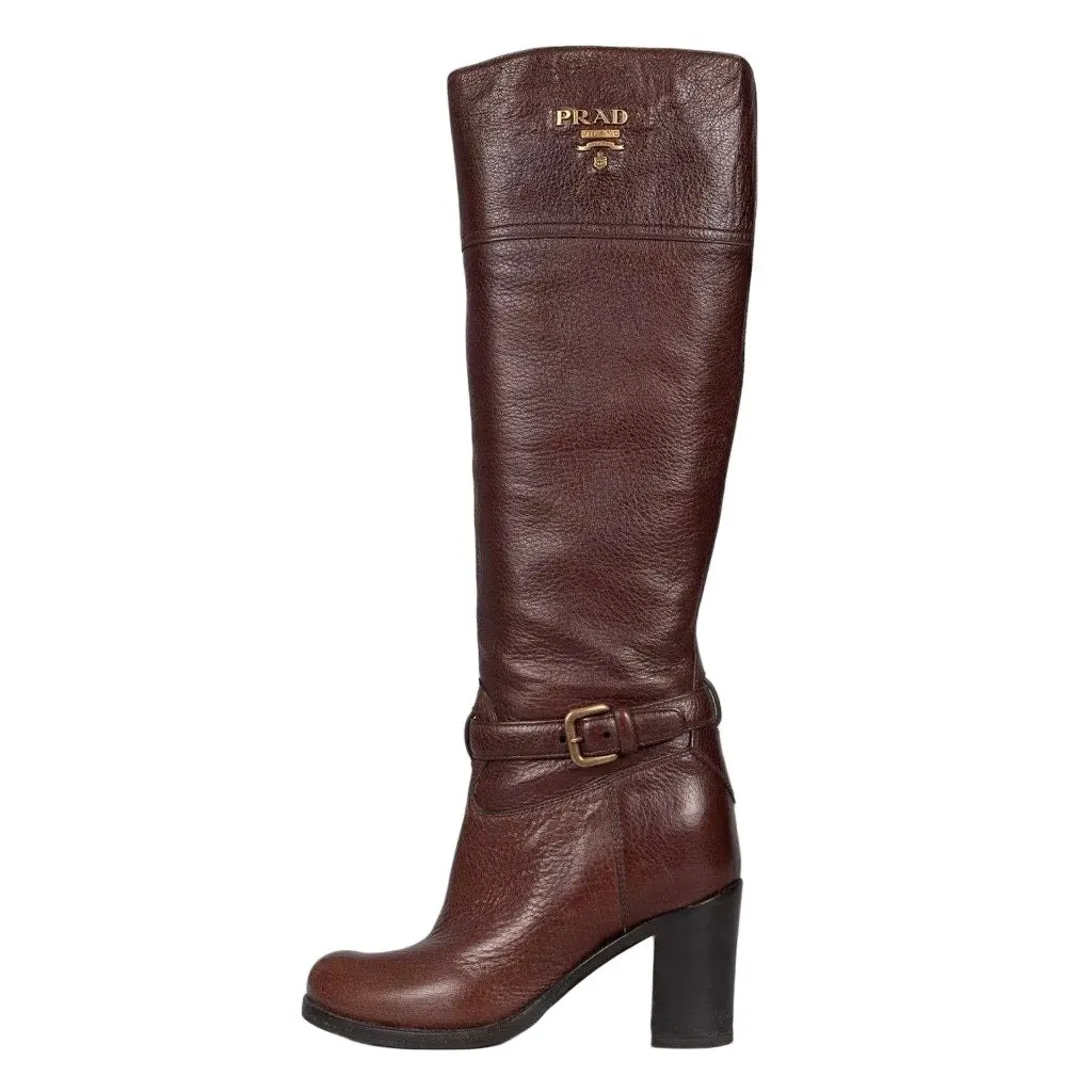 PRADA Brown Leather Logo Boots - EU 37 Pre-owned