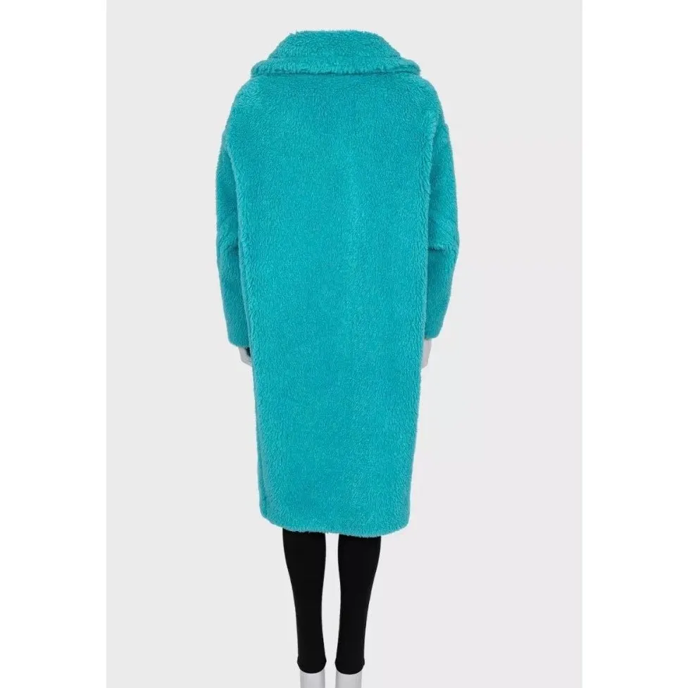 Max Mara Teddy Bear Oversized Light Blue Alpaca & Silk Coat, Size S Pre-owned Blue Silk Good - Inside View