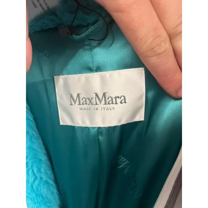 Max Mara Teddy Bear Oversized Light Blue Alpaca & Silk Coat, Size S Pre-owned Blue Silk Good - Box View