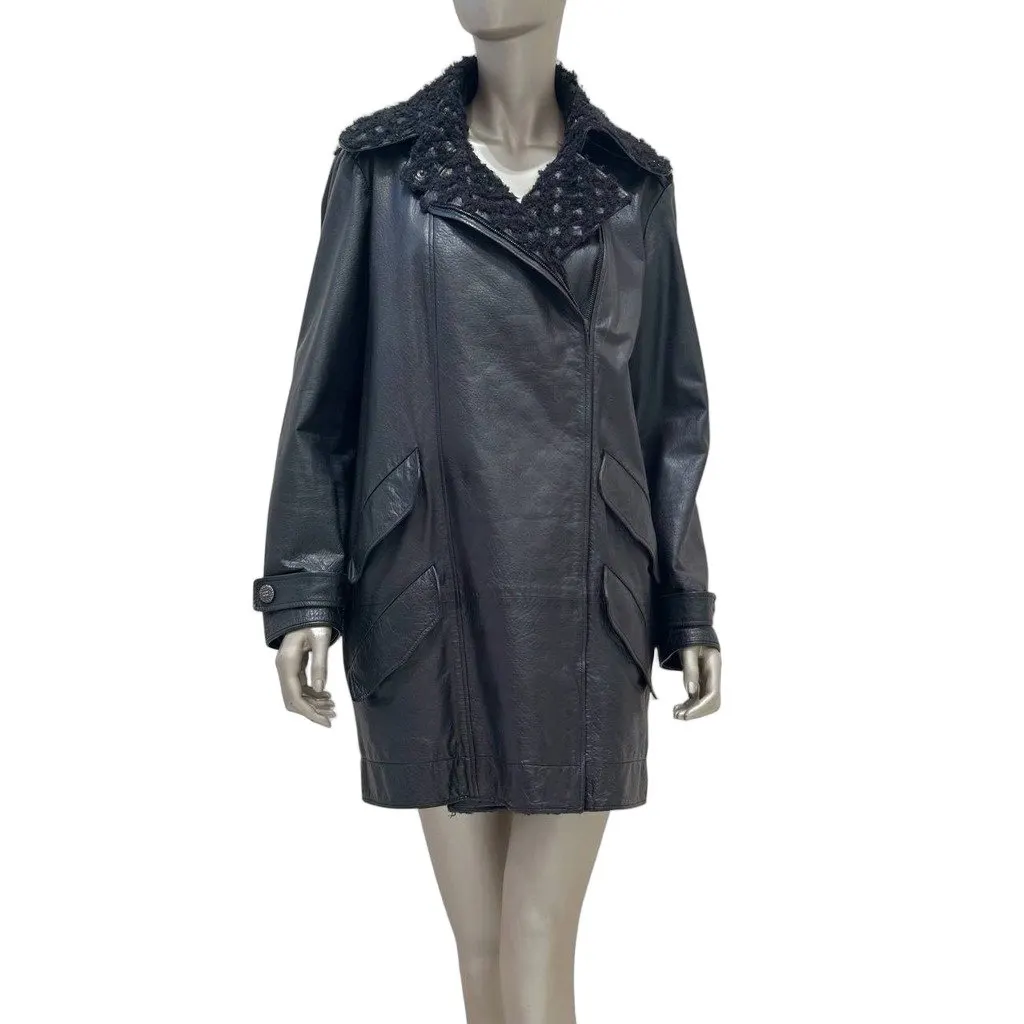 Chanel Vintage Black Leather Bouclé Trim Jacket Sz. 42-44 Pre-owned