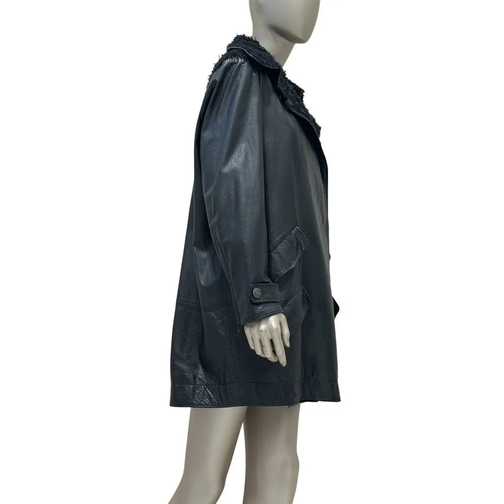Chanel Vintage Black Leather Bouclé Trim Jacket Sz. 42-44 Pre-owned Black Leather Good - Back View