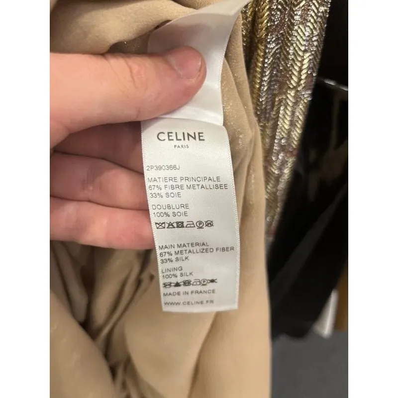Celine NWOT Celine Gold Metallic Silk Fitted Jumpsuit EU 40/L Pre-owned Gold Silk Never worn - Model View