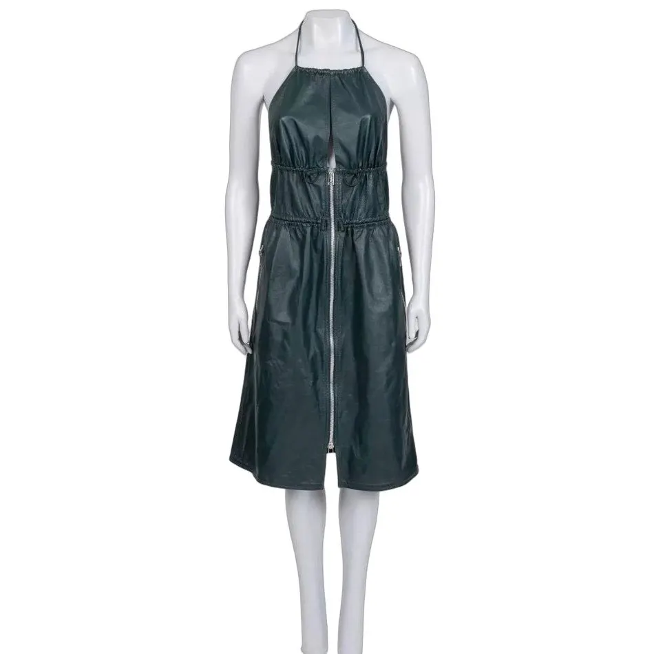Bottega Veneta Green Leather Fitted Dress Sz.40 Pre-owned